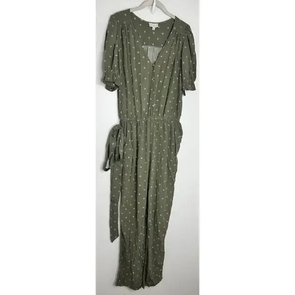 Lucky Brand Womens Sage Green Floral Button Front Short Sleeve Jumpsuit Size M - Picture 2 of 7